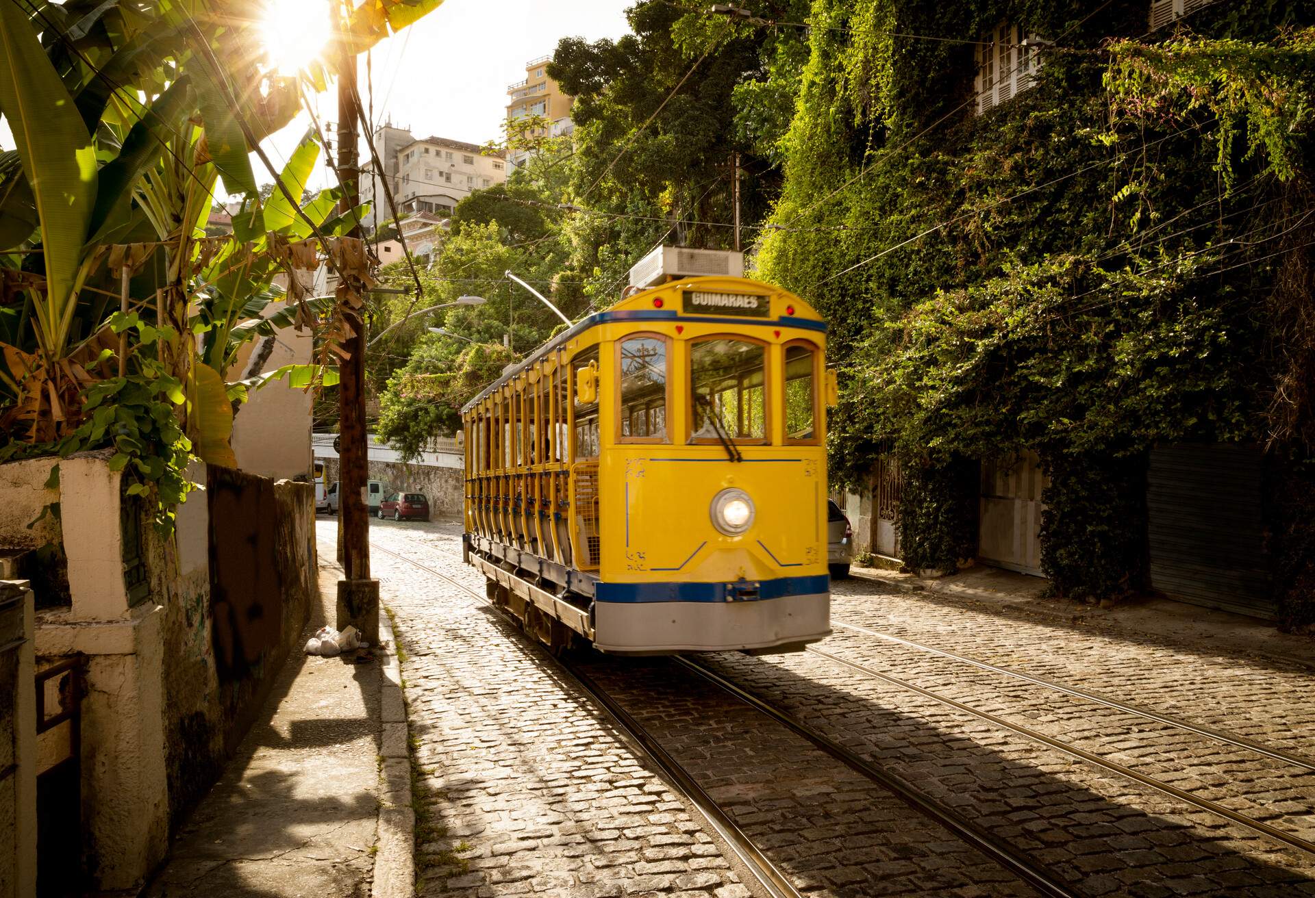 Old yellow tram in Santa Teresa district in Rio de Janeiro, Brazil