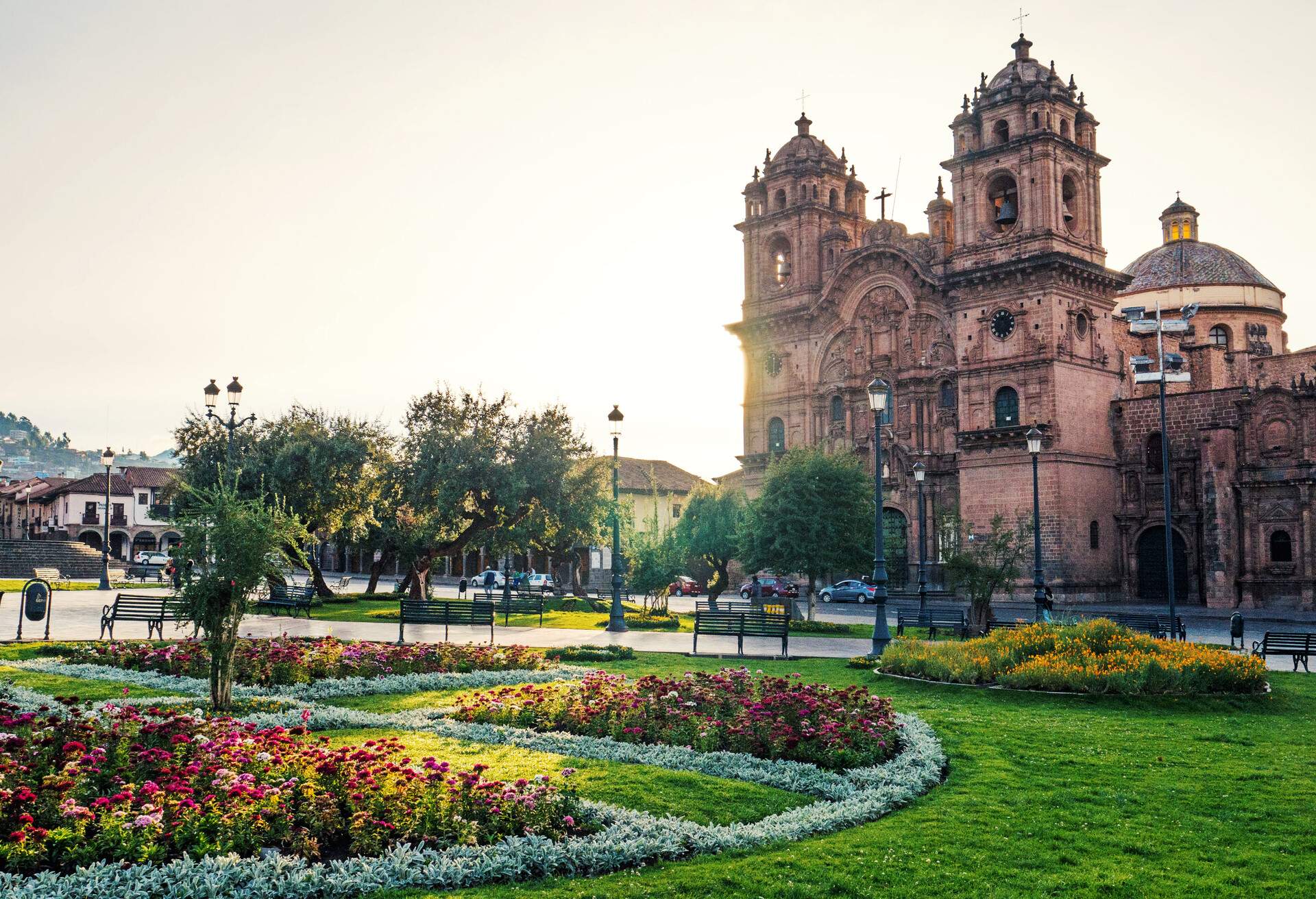 View of the Plaza de Armas (Main Square) of Cusco City, and The Iglesia de la Compañia de Jesus (Church of the Society of Jesus) a historic Jesuit church. Cusco was the historic capital of the Inca Empire from the 13th until the 16th-century Spanish conquest.